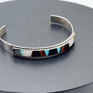 RL/ R Native American Zuni Hallmark Inlay Cuff Turquoise Coral Jet MOP Sterling